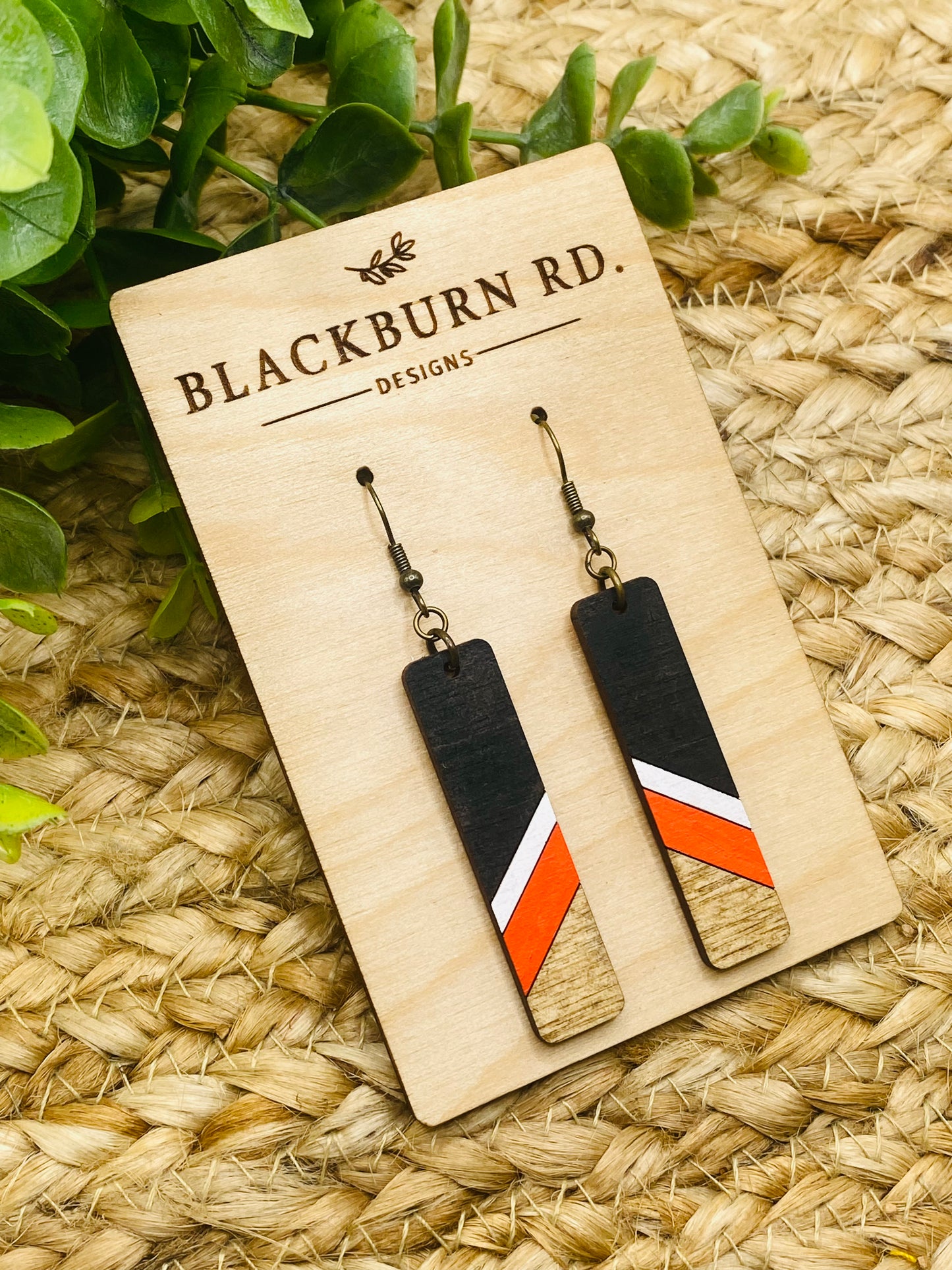 Black White Orange Stained Bar Earrings
