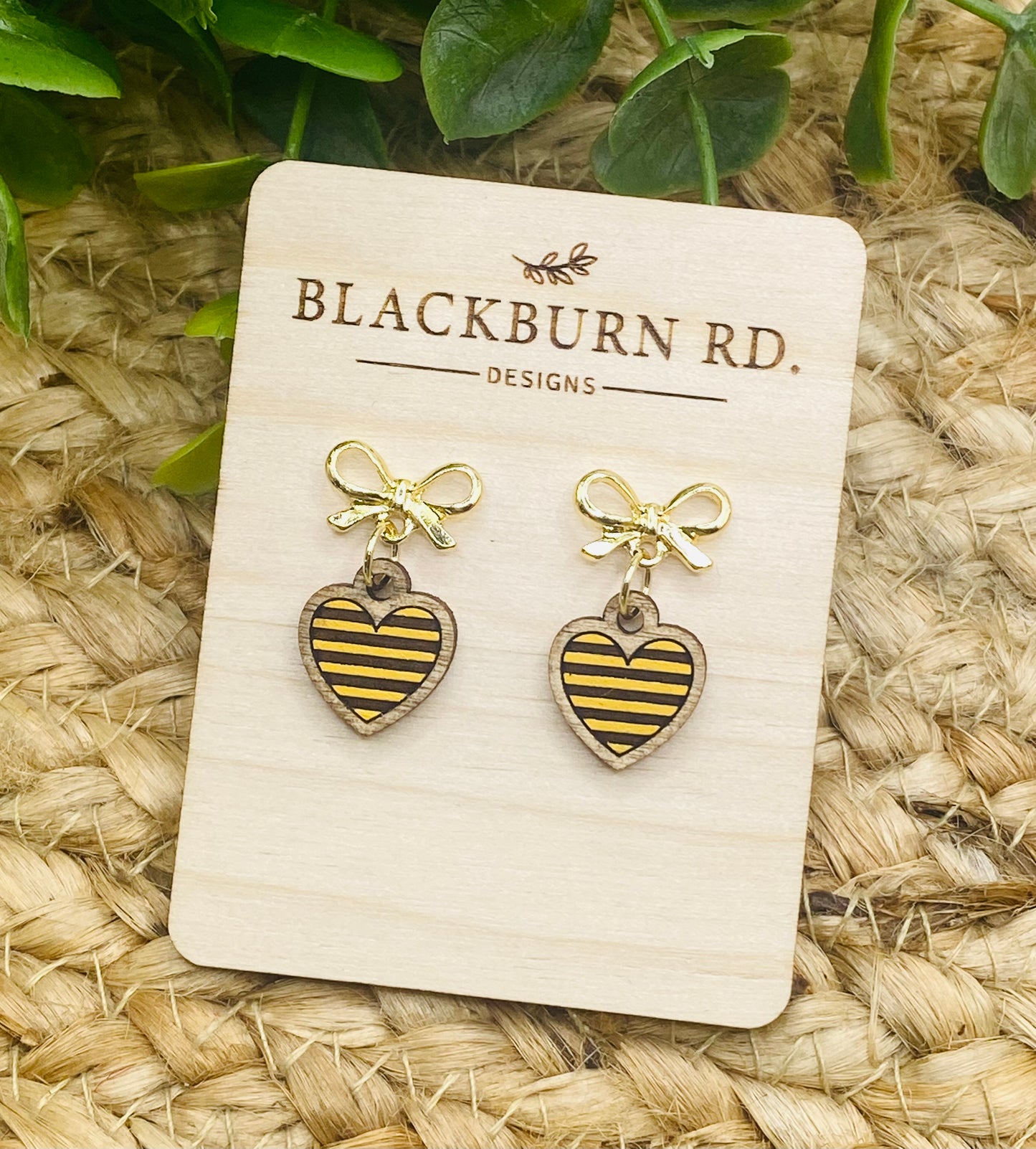 Petite Gold Bow Yellowjacket Stripe Heart Dangles