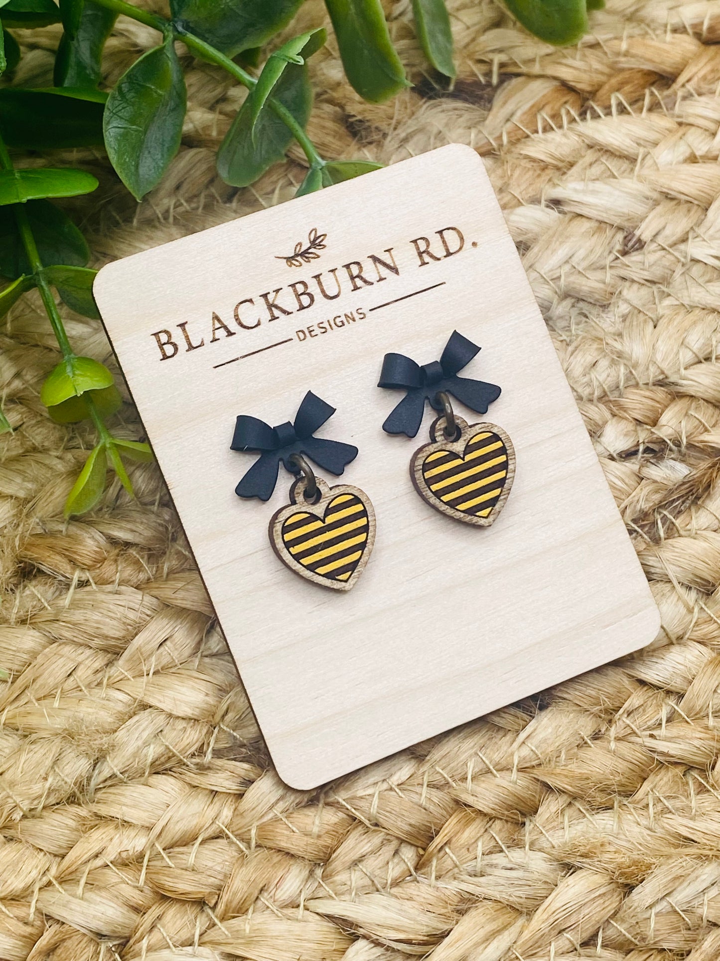 Black Bow Yellow Jacket Stripe Heart Dangles