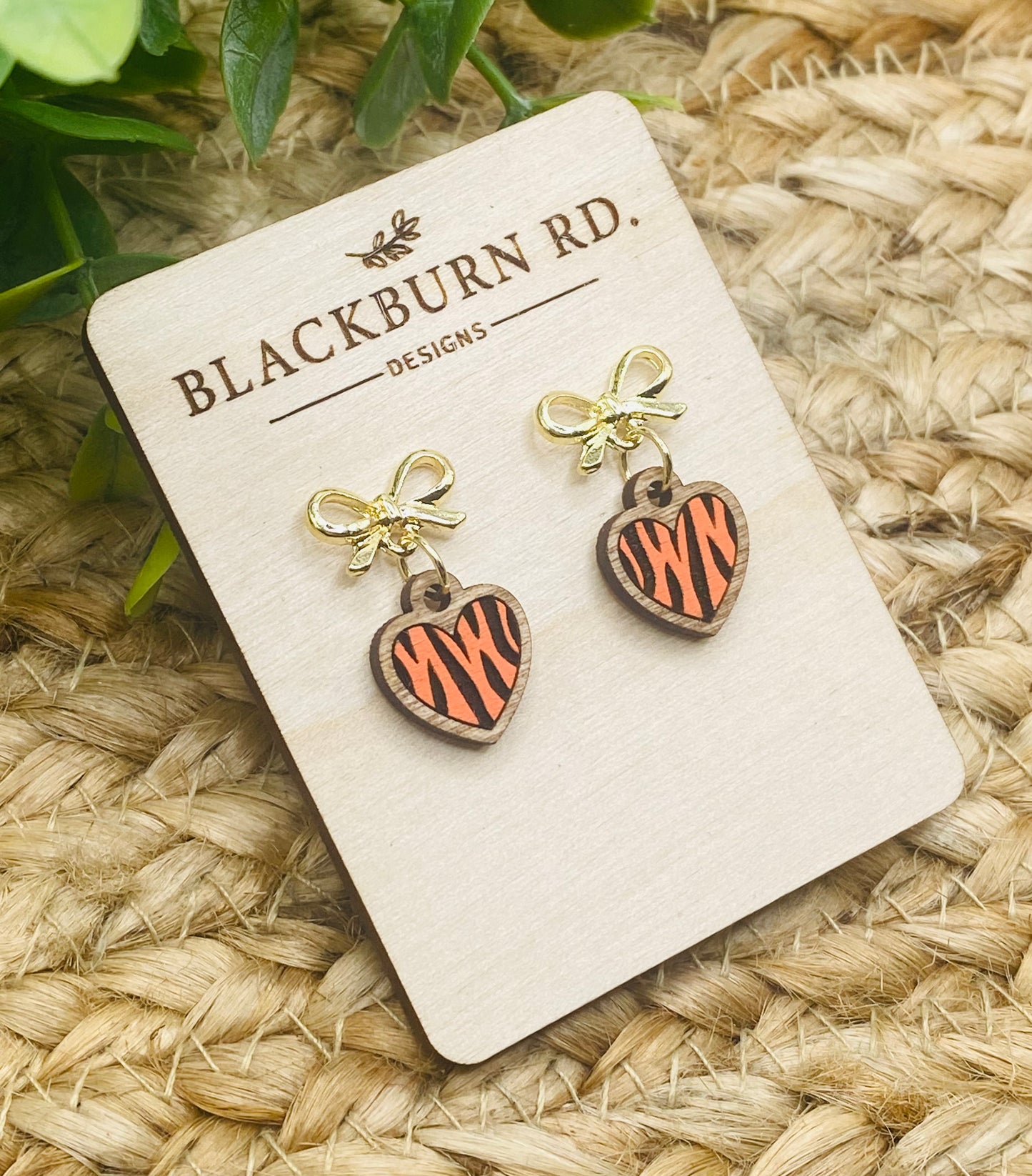 Petite Gold Bow Tiger Stripe Heart Dangle