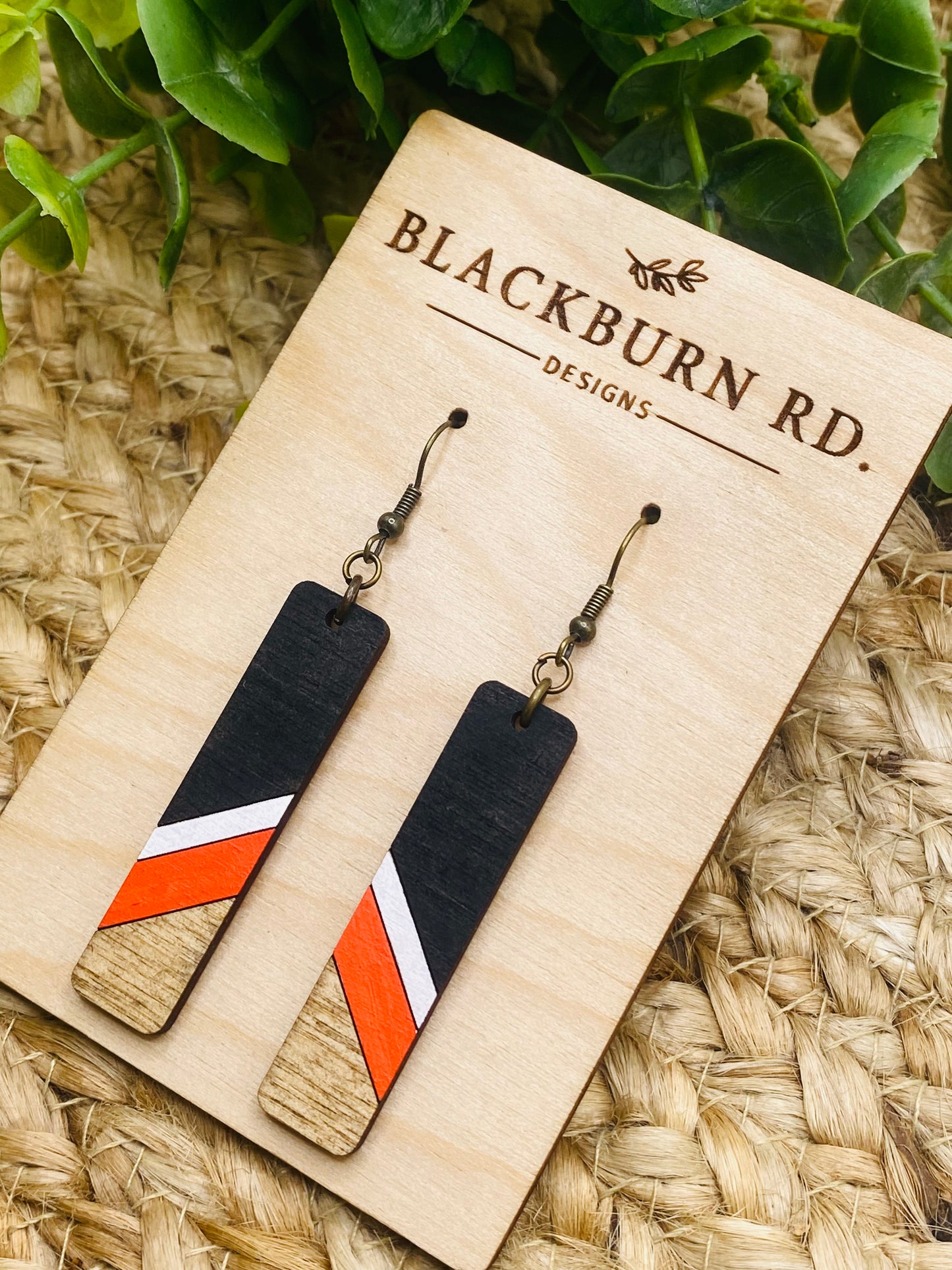 Black White Orange Stained Bar Earrings
