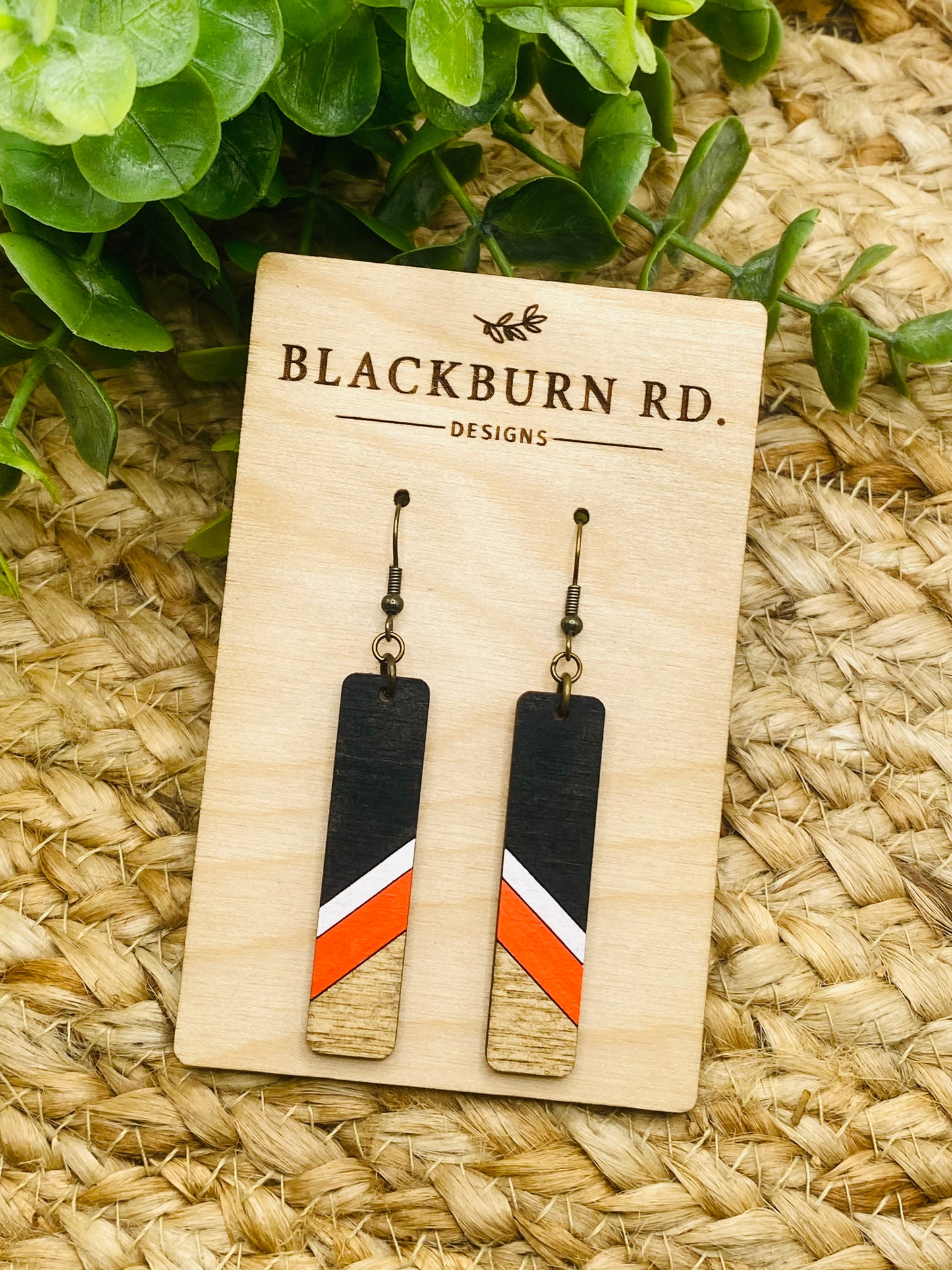 Black White Orange Stained Bar Earrings