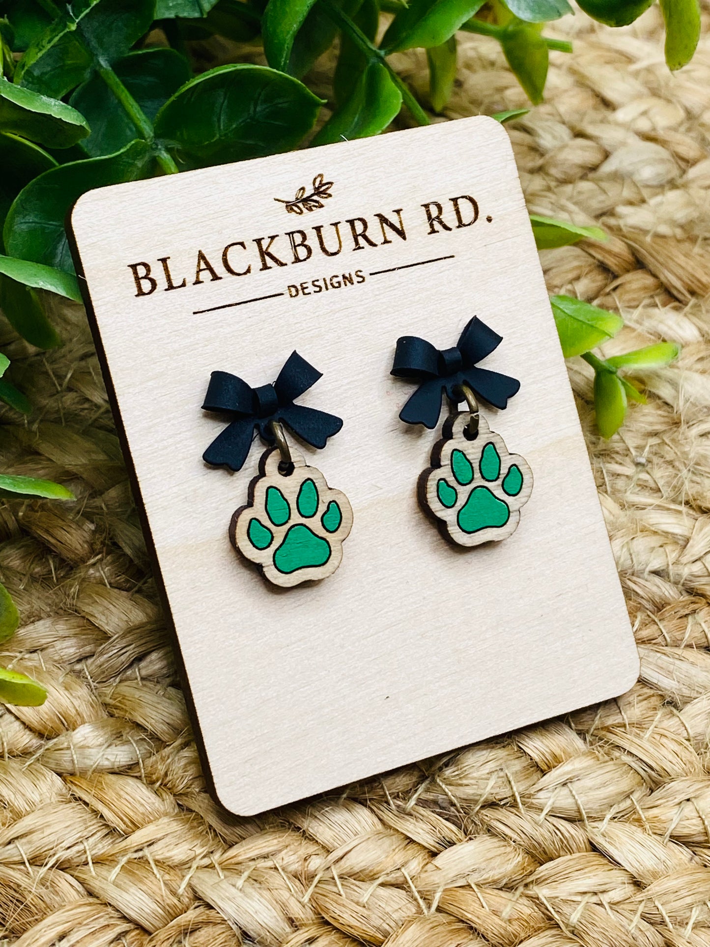 Petite Black Bow Wildcat Paw Print Dangles