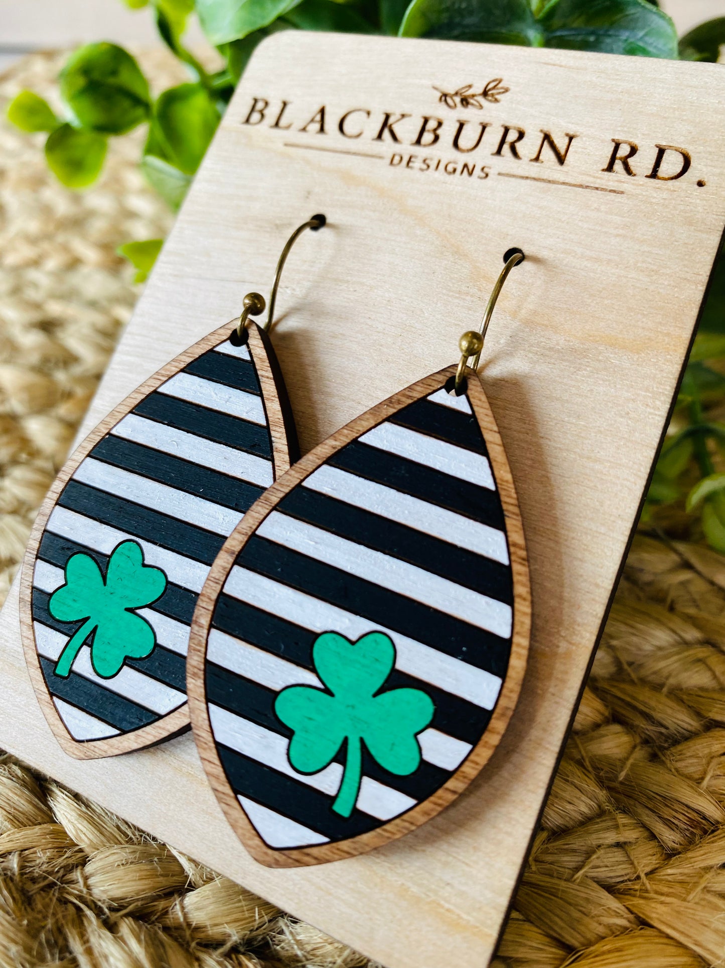 Framed Black and White Striped Clover Leaf Dangle Earrings