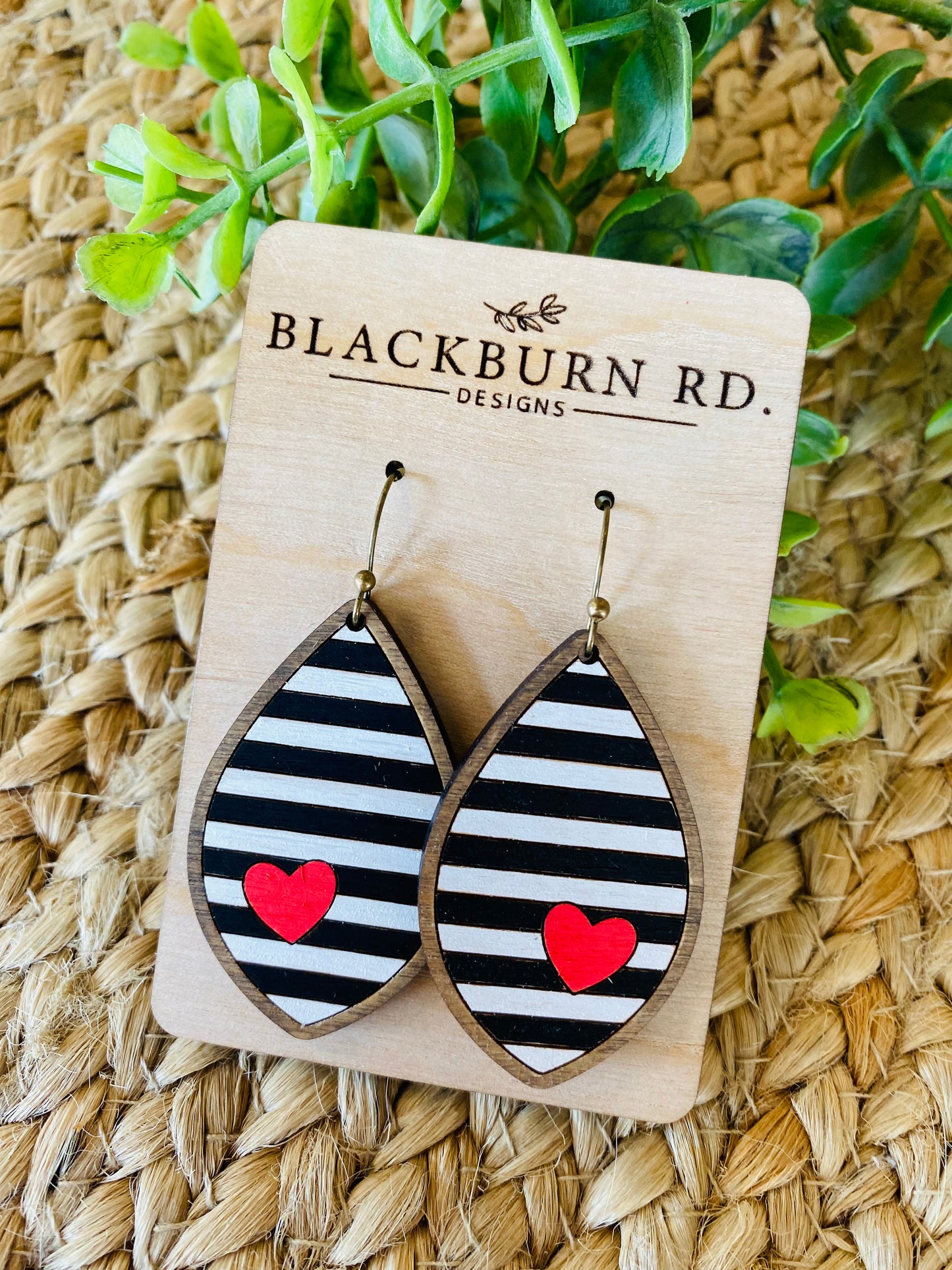 Black and White Striped Heart Petal Earrings
