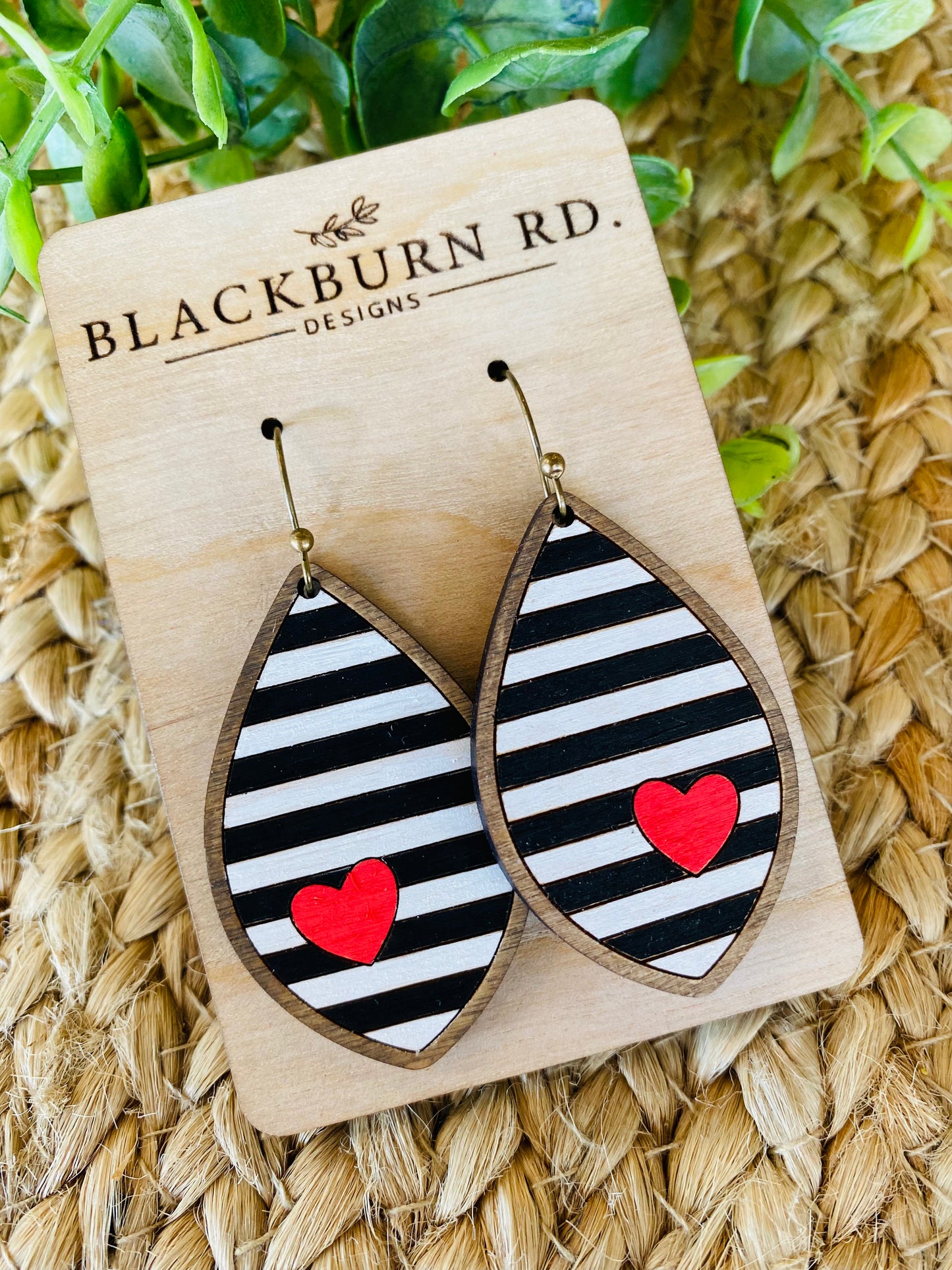Black and White Striped Heart Petal Earrings