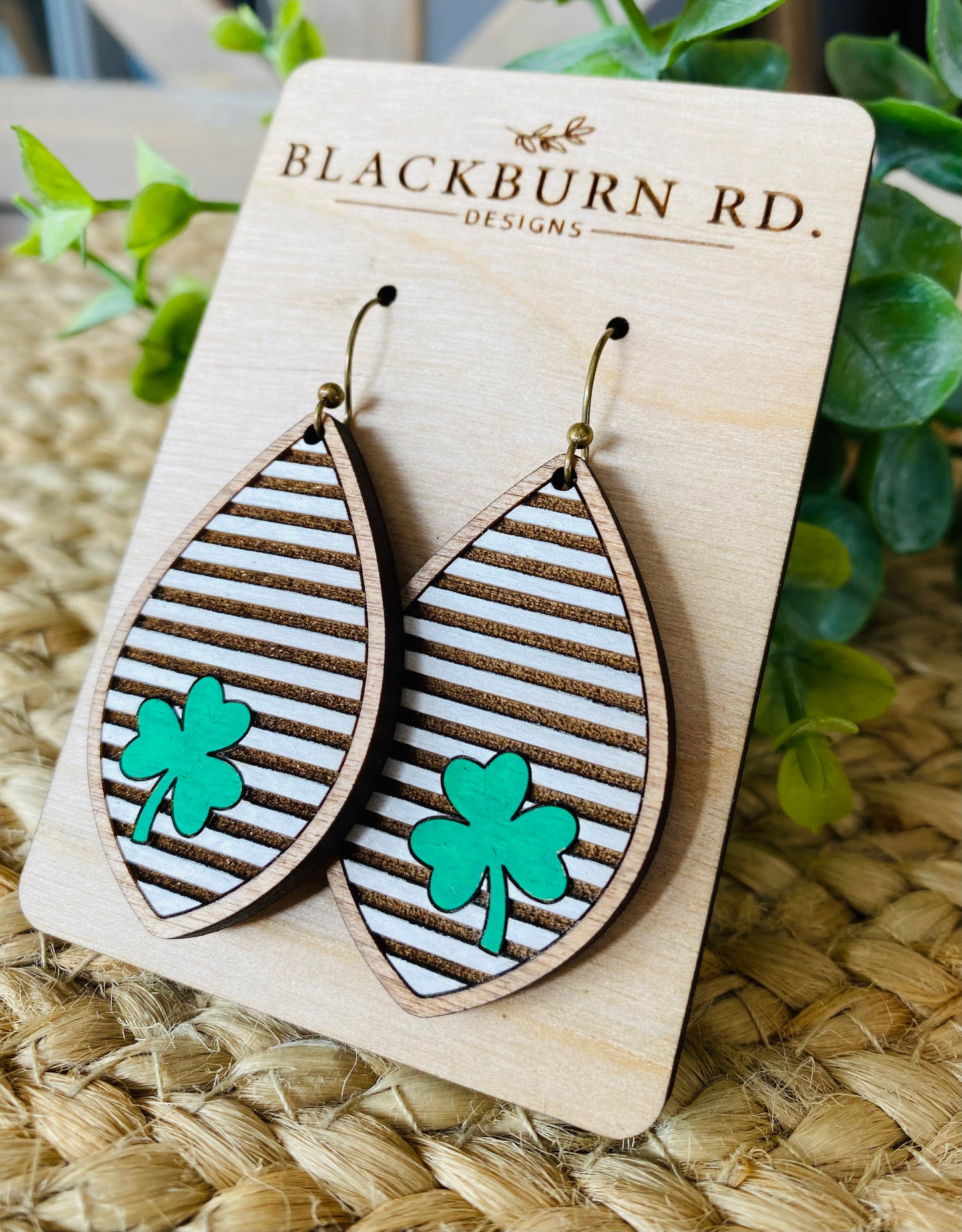 Engraved Stripe Clover Dangle Earrings