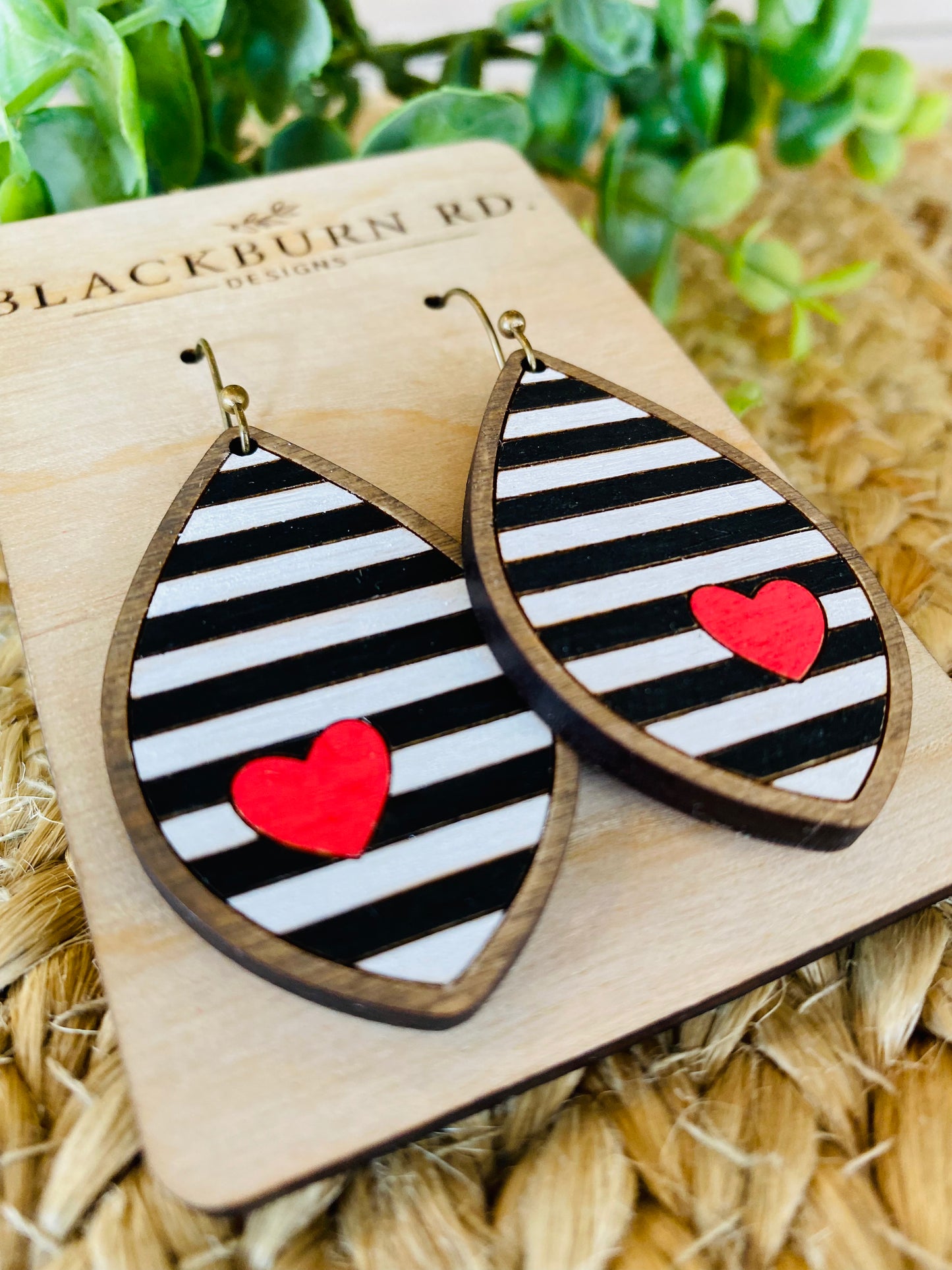 Black and White Striped Heart Petal Earrings