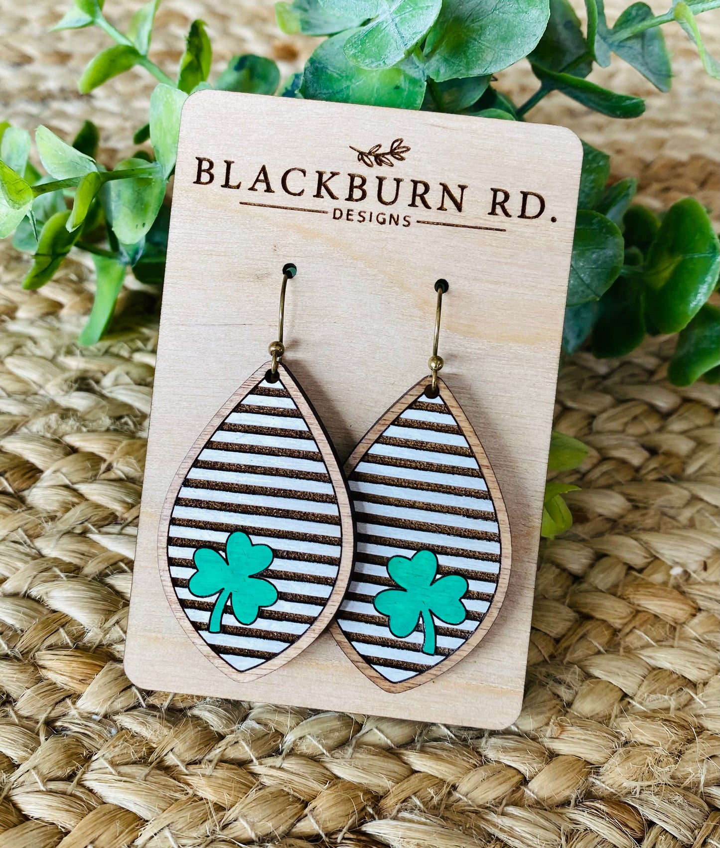 Engraved Stripe Clover Dangle Earrings