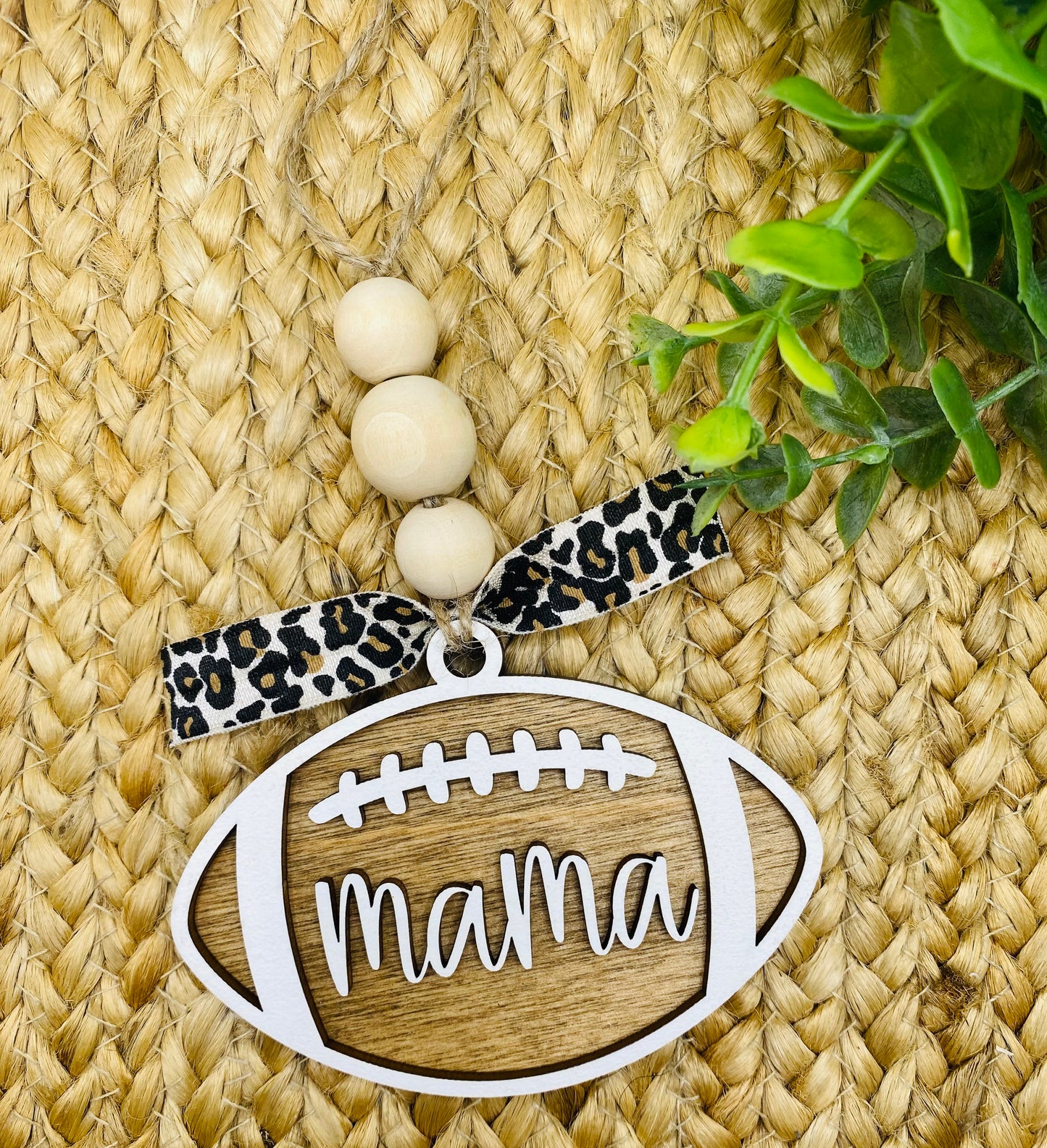 Leopard Wooden Football Mom/Mama Car Charm