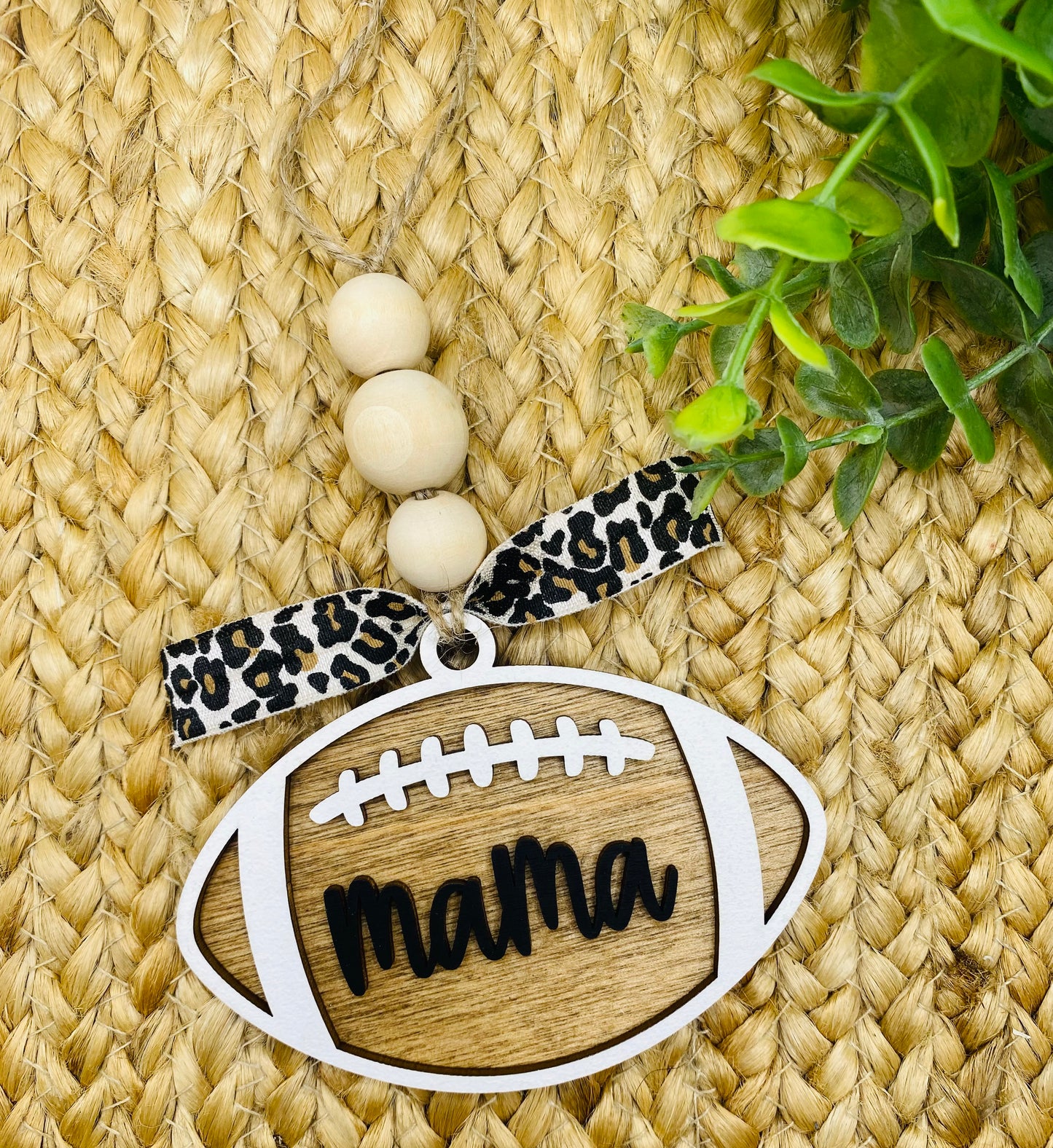 Leopard Wooden Football Mom/Mama Car Charm