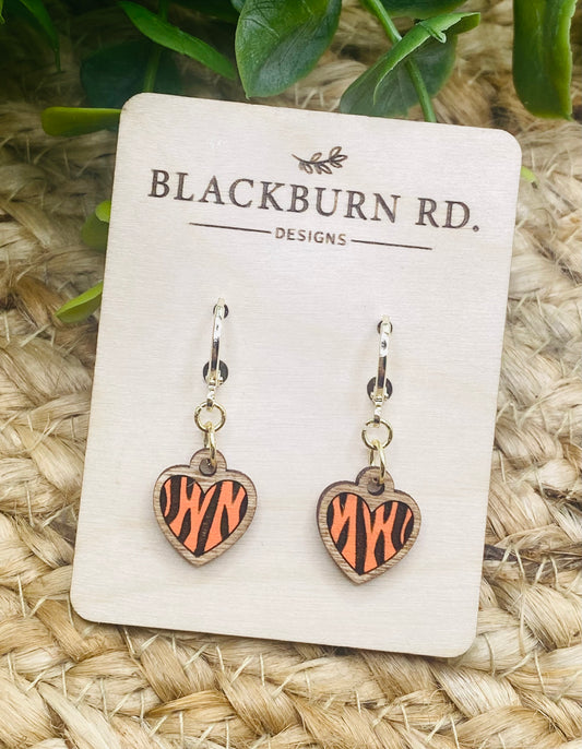 Bengals Tiger Stripe Heart Huggie Dangles