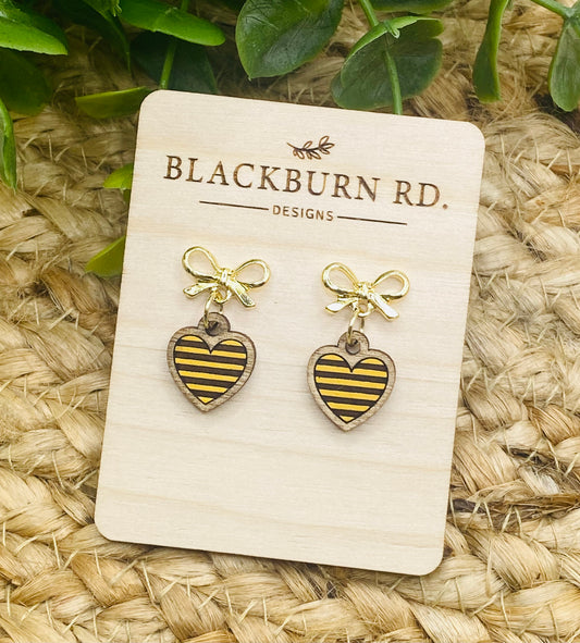 Petite Gold Bow Yellowjacket Stripe Heart Dangles