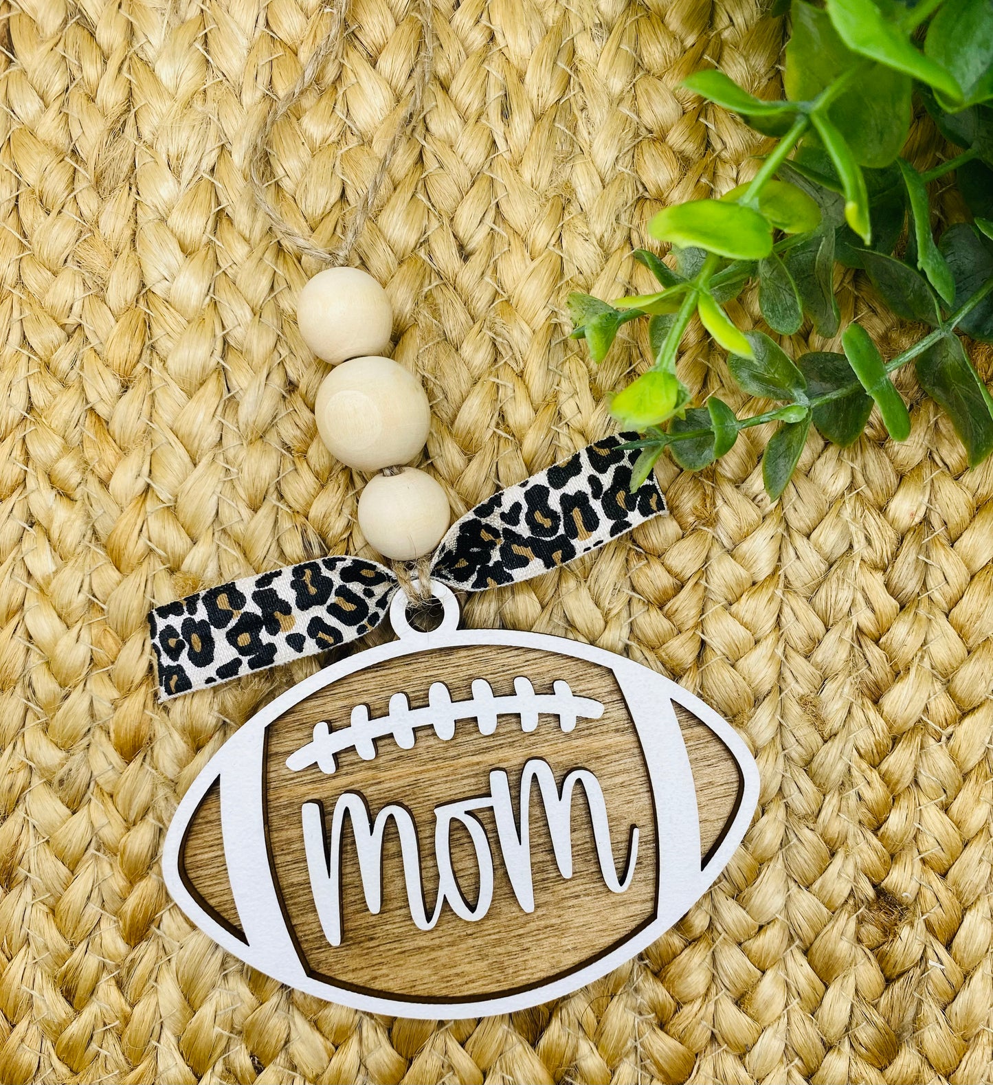 Leopard Wooden Football Mom/Mama Car Charm