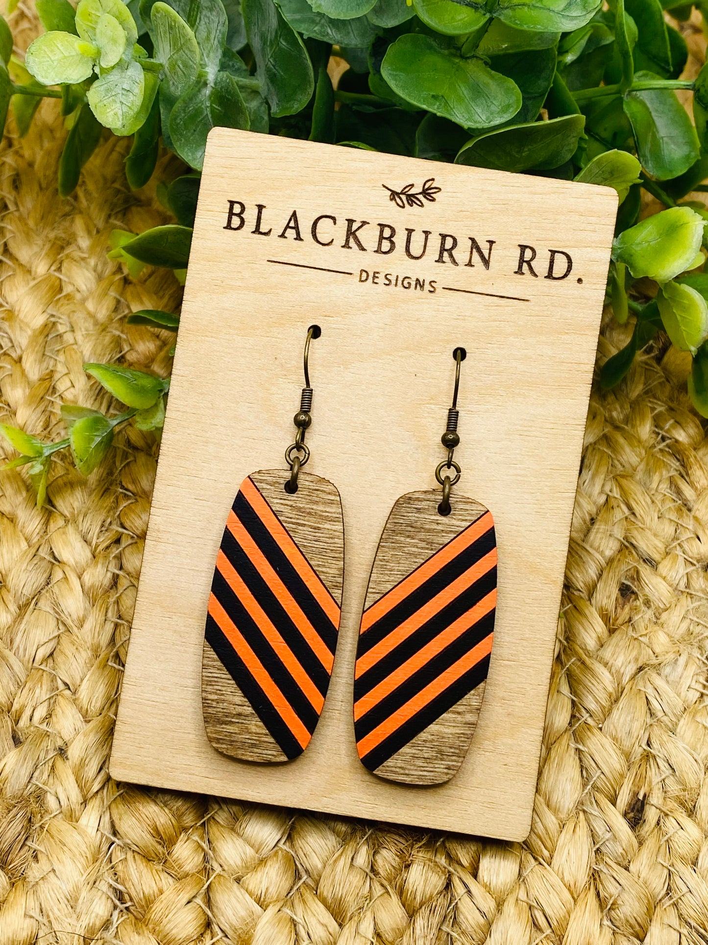 Slanted Stripe Orange and Black Wide Bar Dangles