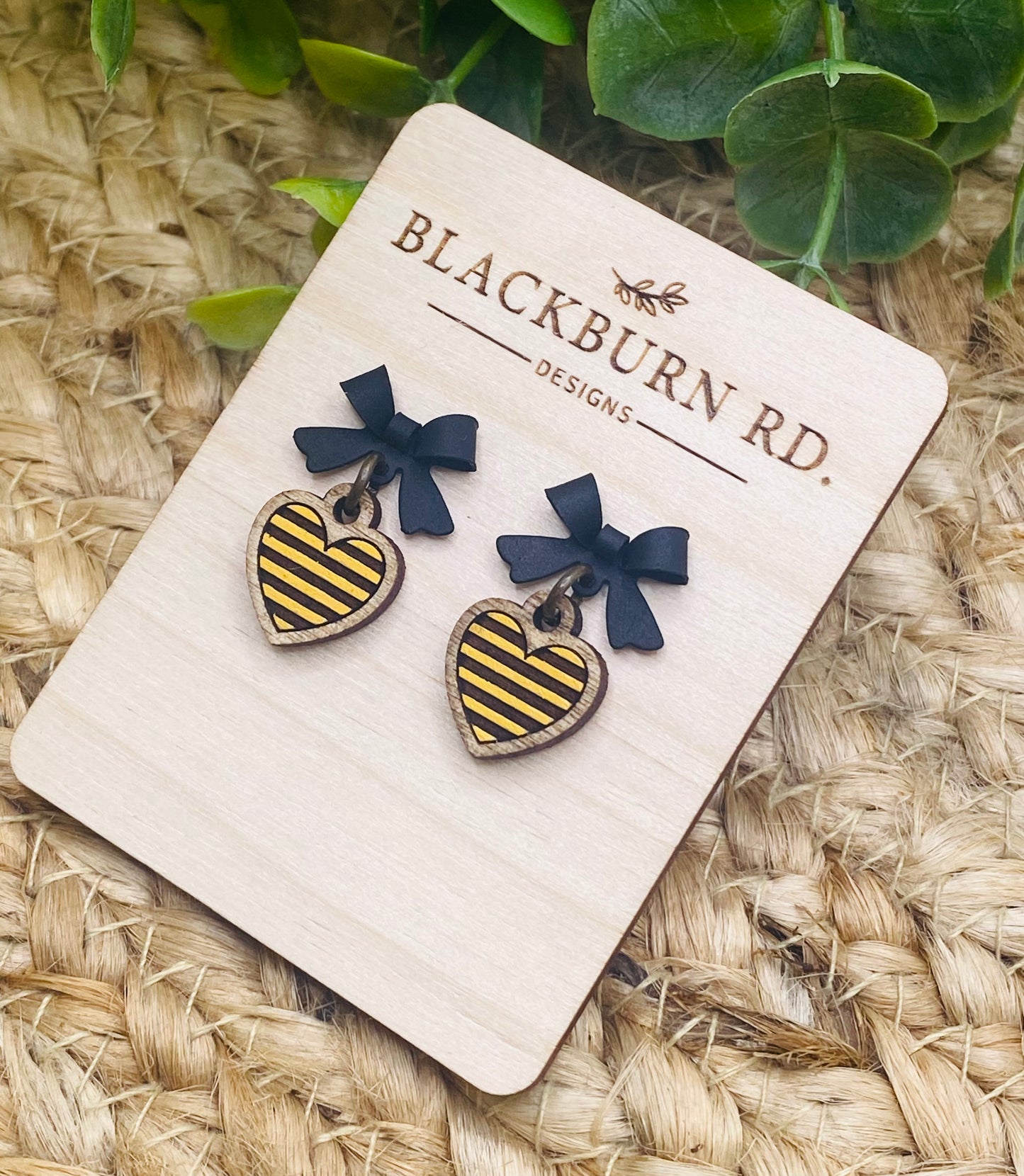Black Bow Yellow Jacket Stripe Heart Dangles