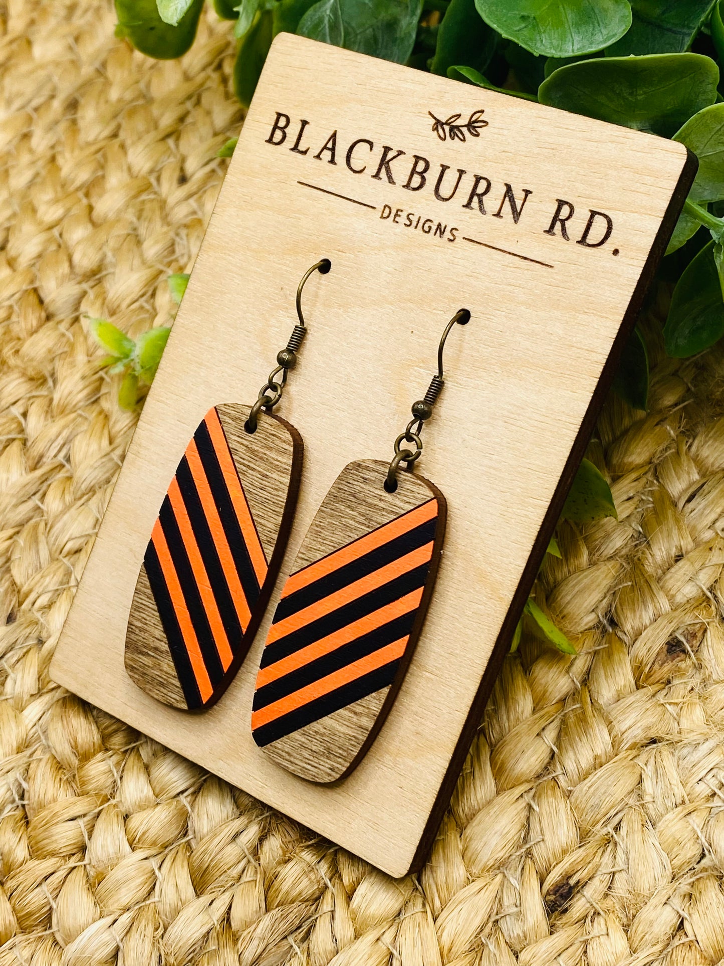 Slanted Stripe Orange and Black Wide Bar Dangles