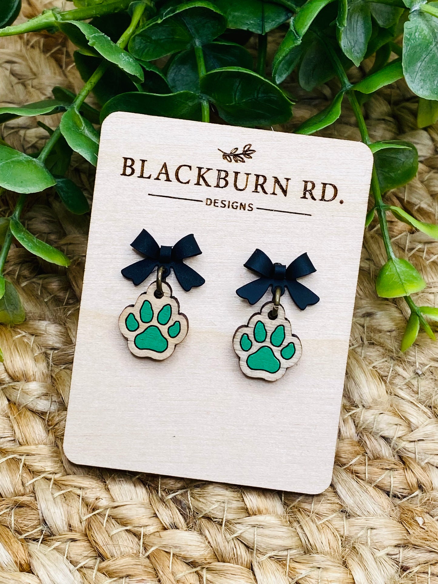 Petite Black Bow Wildcat Paw Print Dangles
