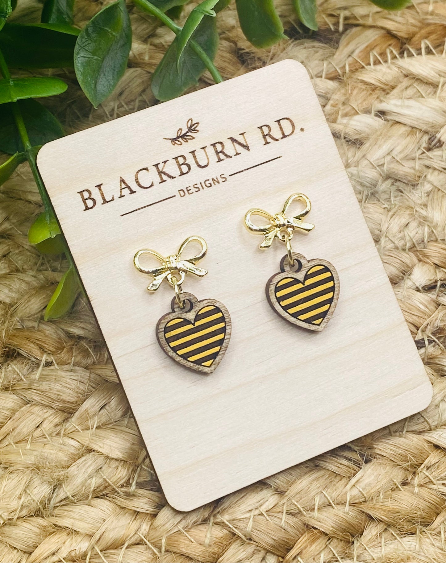 Petite Gold Bow Yellowjacket Stripe Heart Dangles