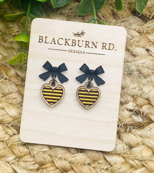 Black Bow Yellow Jacket Stripe Heart Dangles