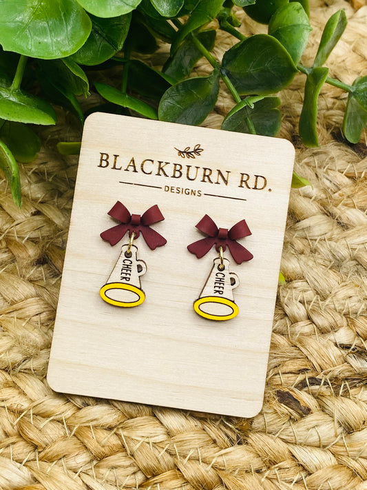 Petite Matte Burgundy Bow Ross Cheer Megaphone Dangles