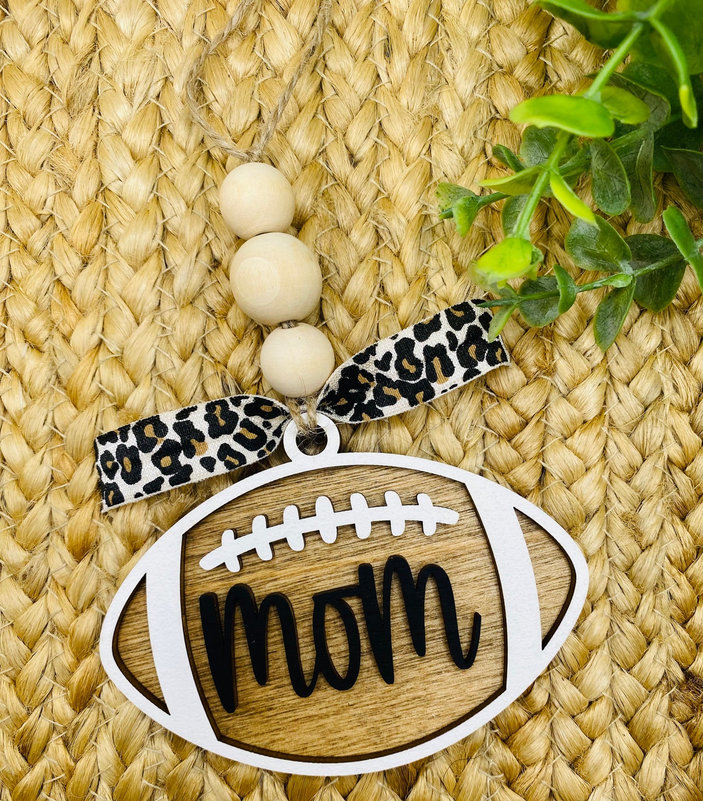 Leopard Wooden Football Mom/Mama Car Charm