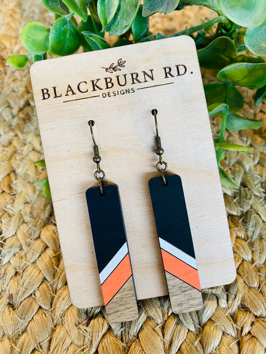 Black White Orange Stained Bar Earrings