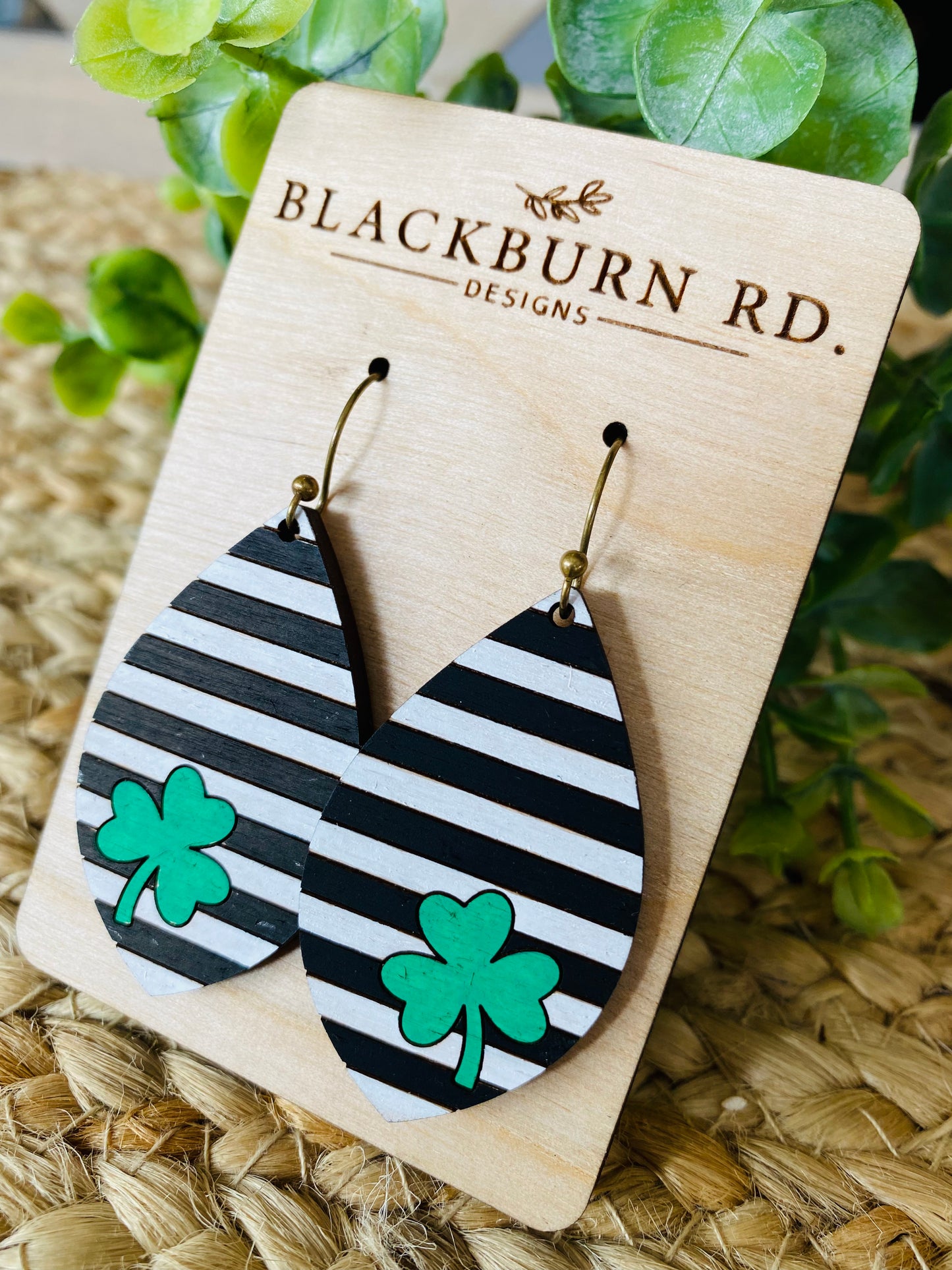 Black and White Striped Clover Leaf Dangle Earrings