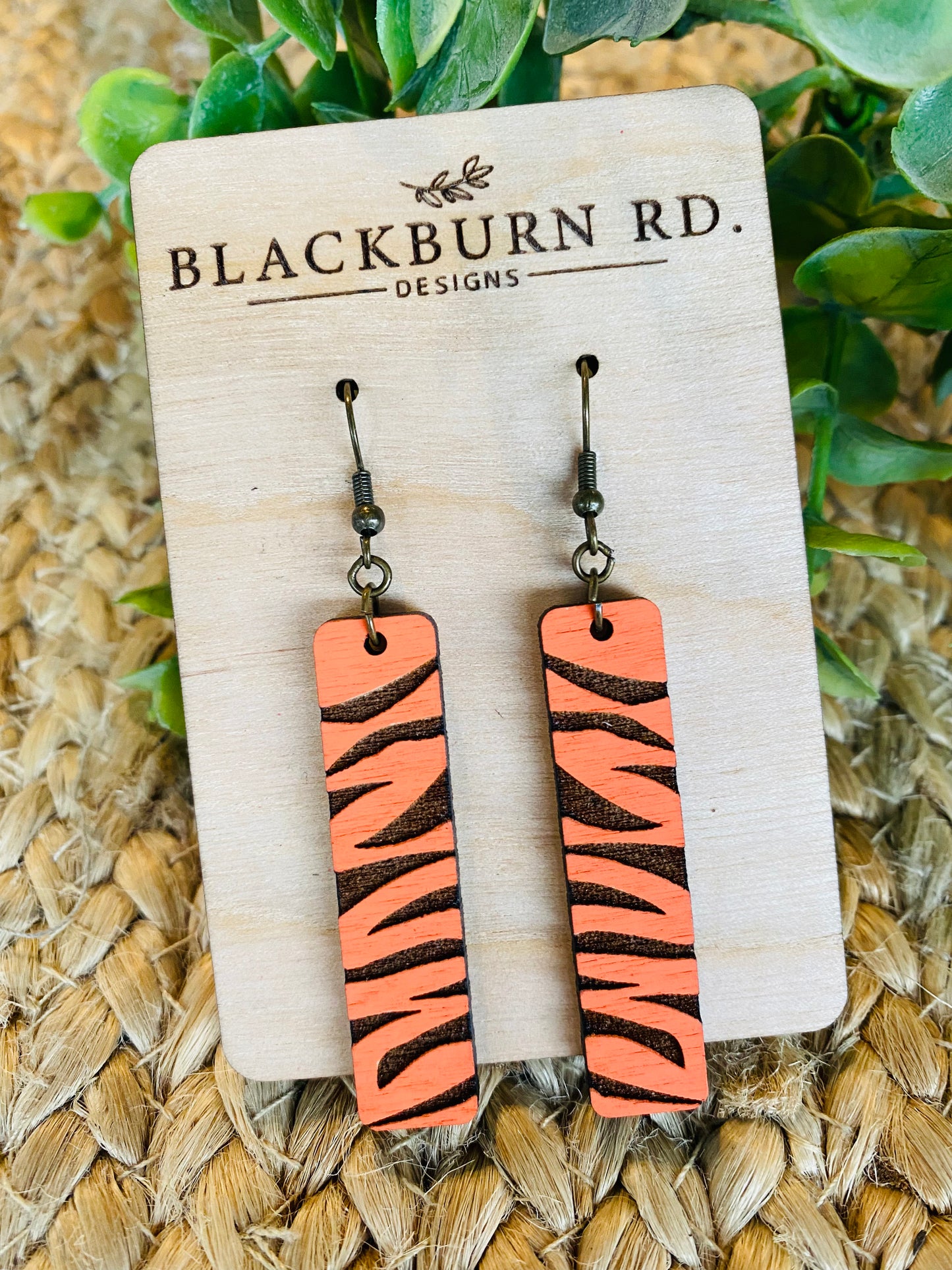 Tiger Striped Wooden Bar Earrings