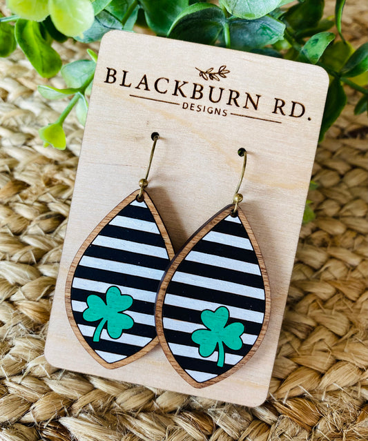 Framed Black and White Striped Clover Leaf Dangle Earrings