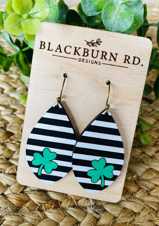 Black and White Striped Clover Leaf Dangle Earrings